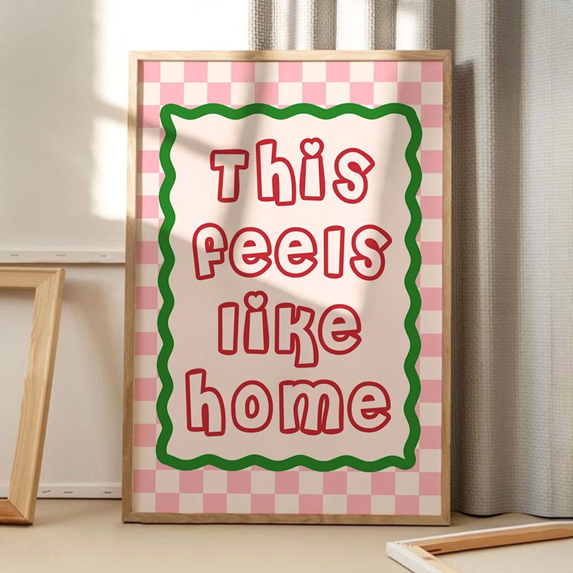 This Feels Like Home Pink Gingham Retro Quote Typography Wall Poster