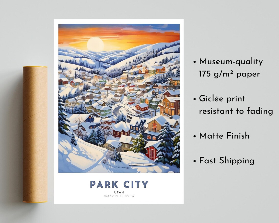Park City Utah Snowy Mountain Village Sunrise Scene Travel Poster - Image 5