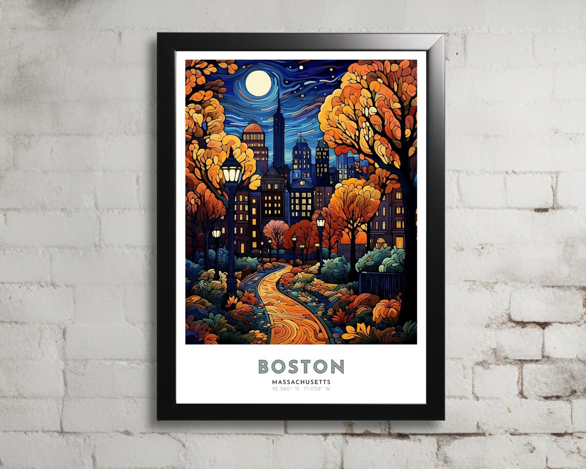 Boston Massachusetts Autumn Night City Park Moonlight Travel Poster