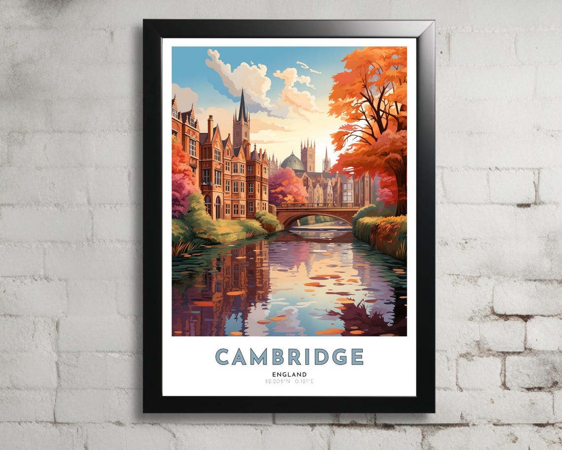 Cambridge Travel Poster Of England Art Nouveau Gift For Lovers Of United Kingdom Wall Art Decor Print Of East Anglia Painting Of Uk