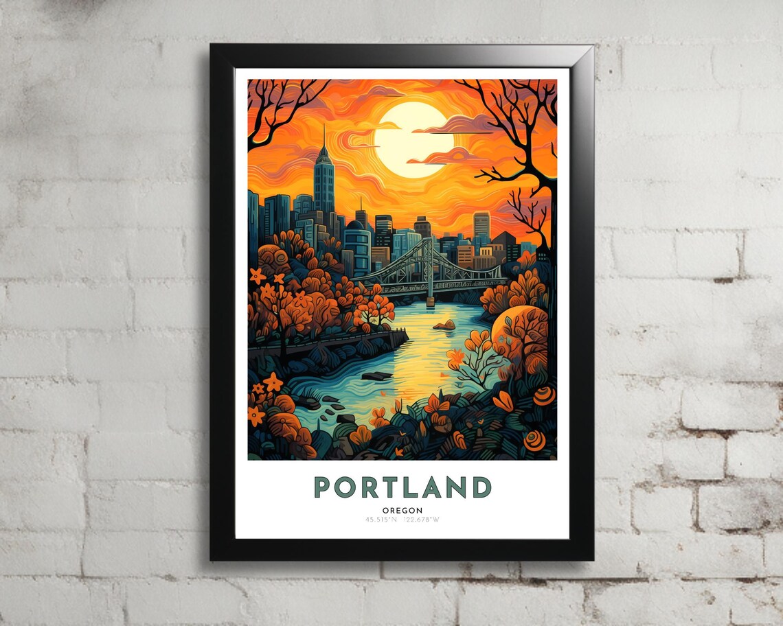 Portland Oregon Bridge River Sunset Autumn Skyline Art Poster