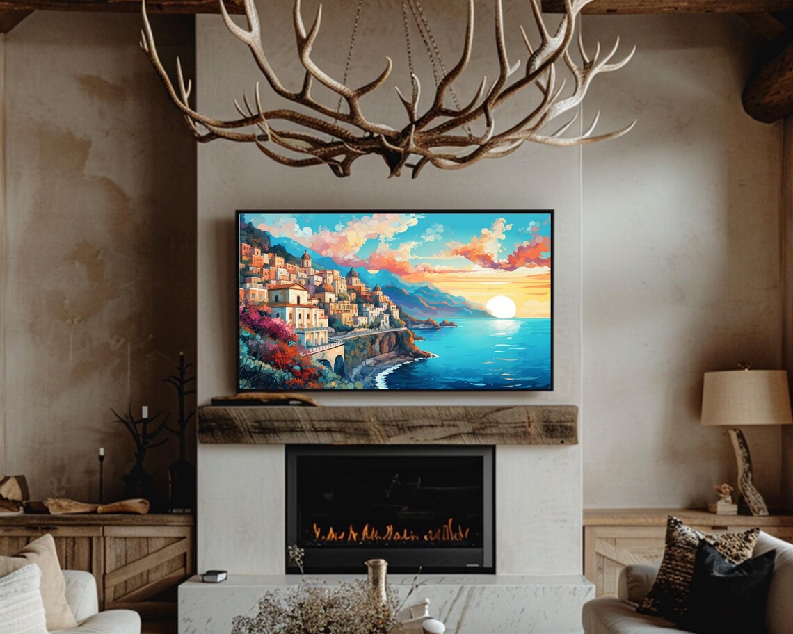 Amalfi Coast Italy Vibrant Coastal Town Sunset Seascape Wall Art - Image 2