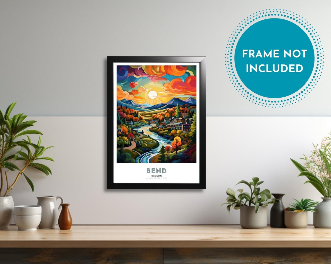 Bend Oregon River Valley Sunset Mountain Town Scene Travel Poster - Image 2