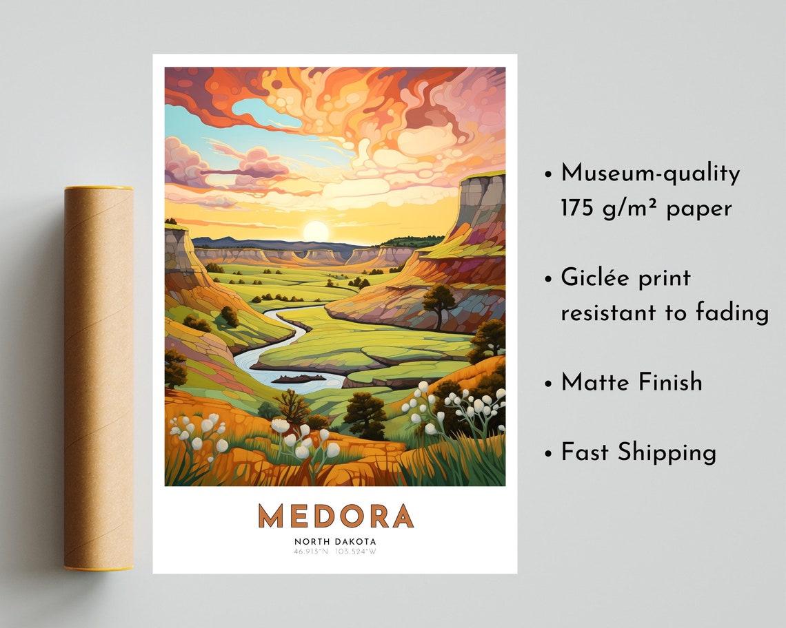 Medora Travel Poster Of North Dakota Art Nouveau Gift For Lovers Of Medora North Dakota Wall Art Decor Print Of Badlands Painting - Image 5