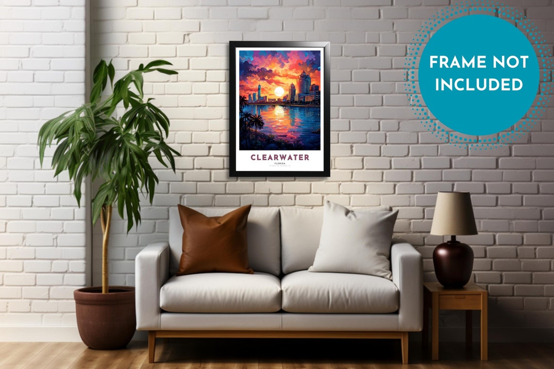 Clearwater Florida Colorful Bay Sunset Skyline Palm Trees Poster - Image 4