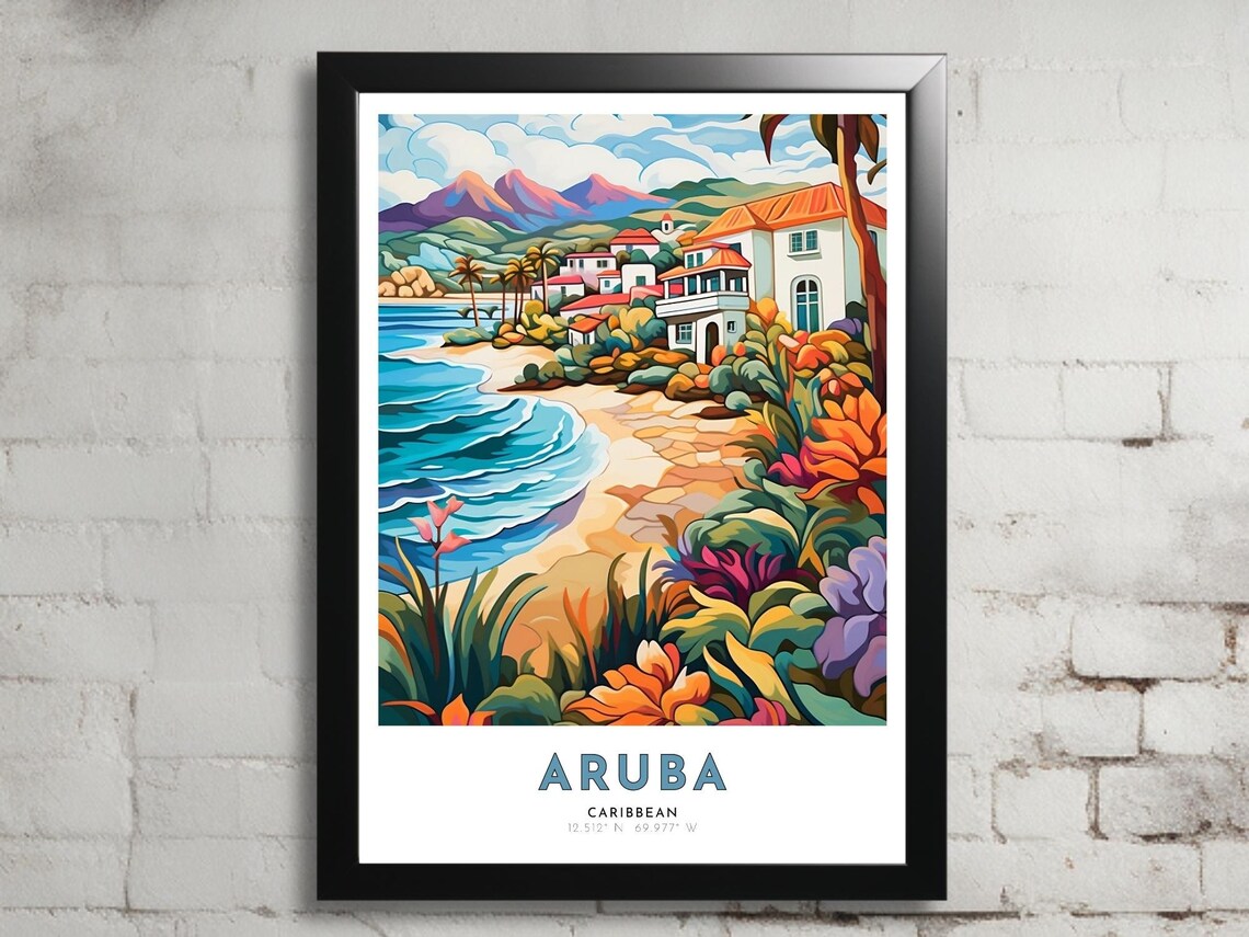 Aruba Caribbean Beach Hillside Houses Tropical Flower Art Poster