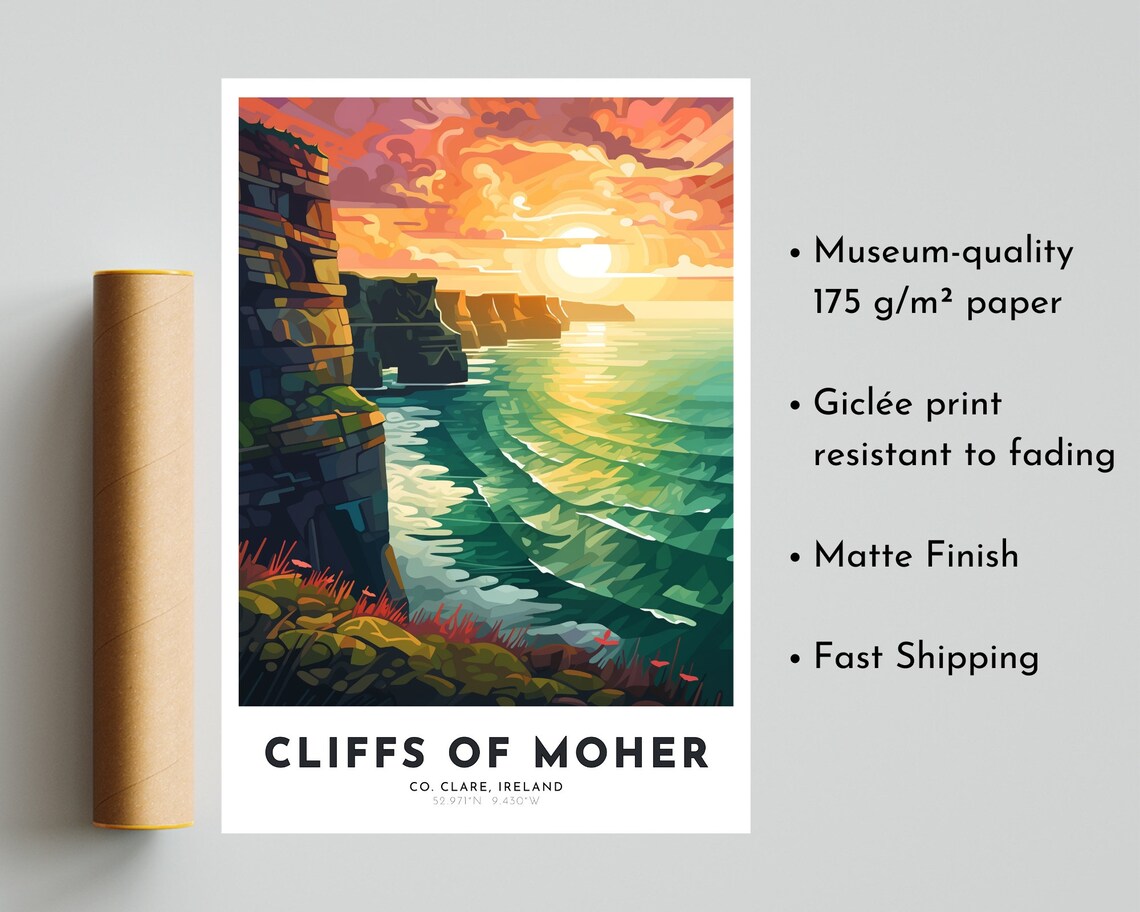 Cliffs Of Moher County Clare Ireland Sunset Coast Travel Poster - Image 5