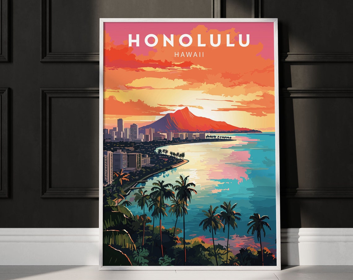 Honolulu Hawaii Diamond Head Sunset Bay Iconic Travel Poster