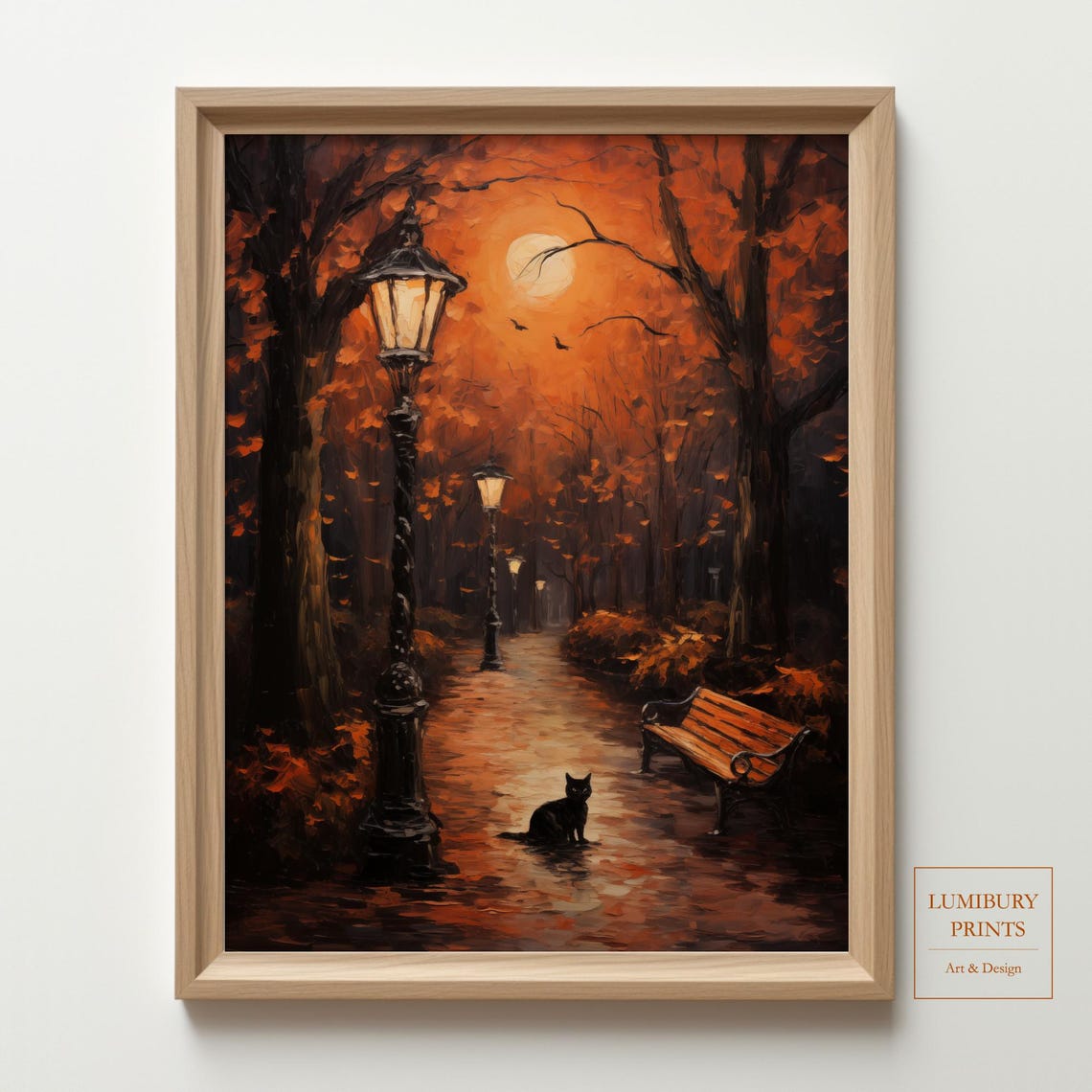 Black Cat in Moonlit Autumn Park Vintage Lantern Night Scene Poster