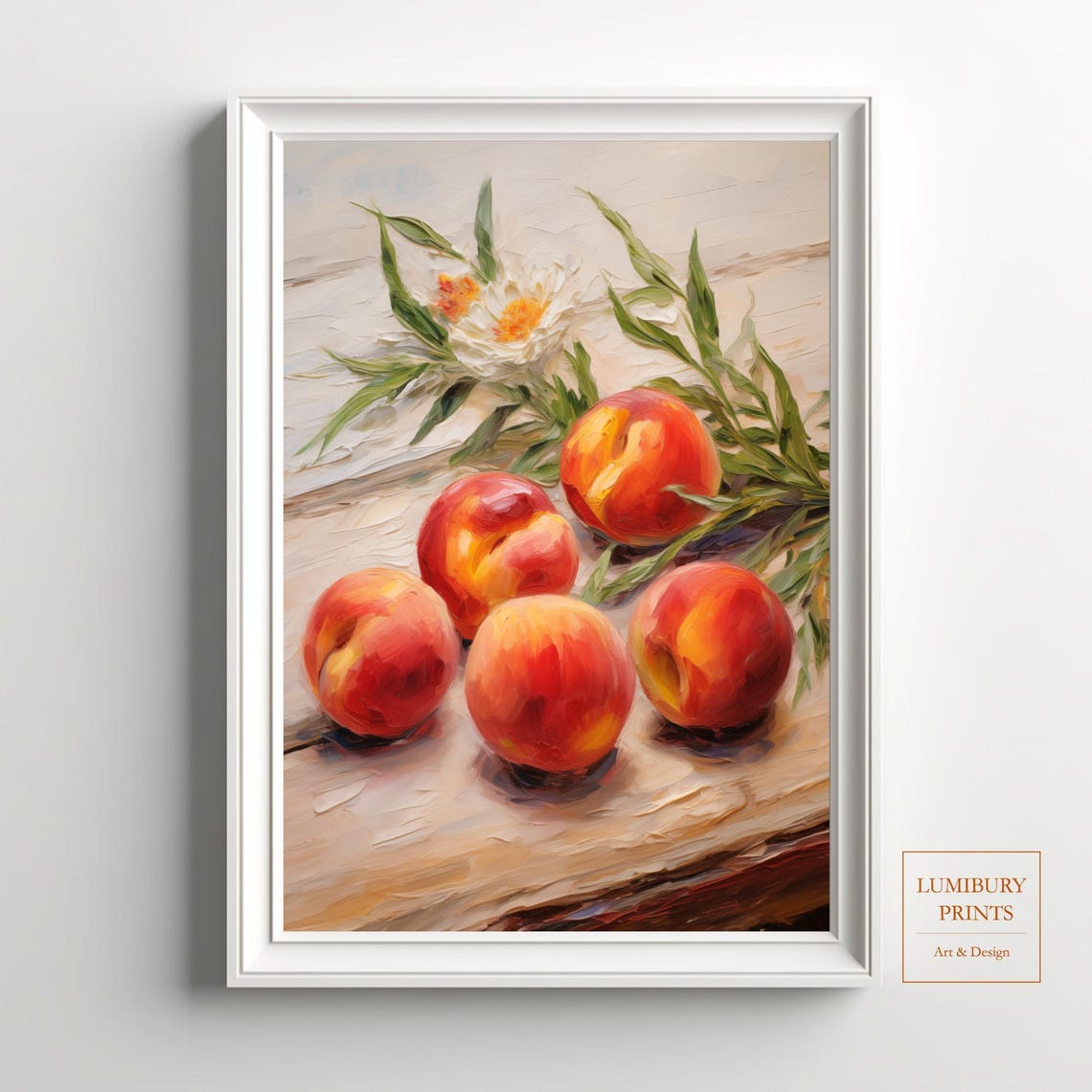 Five Peaches With White Daisy Rustic Still Life Oil Art Poster