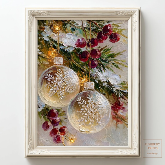 Christmas Glass Ornaments Snowflake Red Berries Pine Oil Painting Wall Art