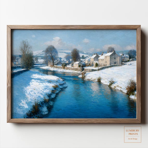 Winter Village Wall Art Snowy Landscape Print River Vintage Painting Instant