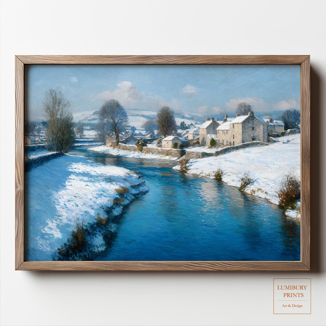Winter Riverside Village Snowy River Crisp Blue Sky Oil Painting Wall Art