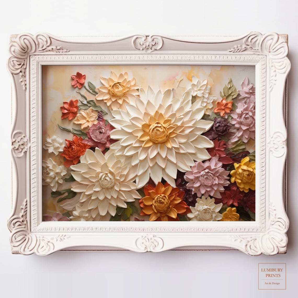 Cream and Rust Dahlia Flowers Textured Floral Still Life Art Poster