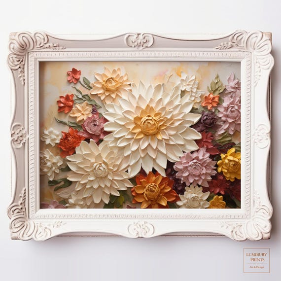 Dahlia Wall Art Autumn Botanical Print Rustic Fall Decor Vintage Flower Impasto Painting Instant