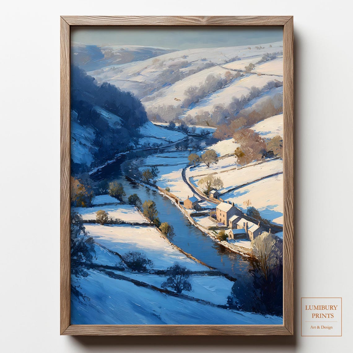 Snowy River Valley Winter Village Landscape Oil Painting Print