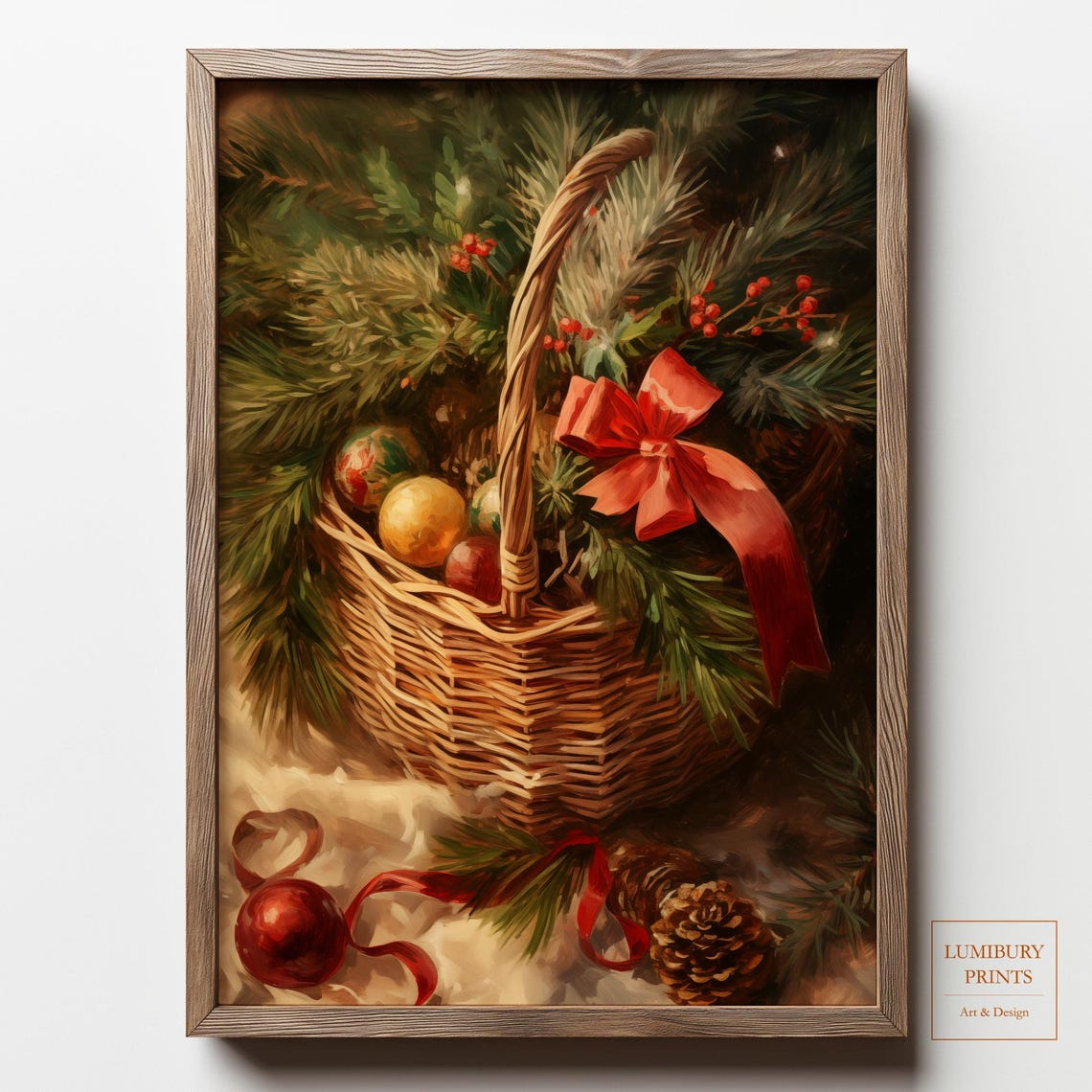Rustic Christmas Basket Pine Baubles Red Bow Holiday Seasonal Poster