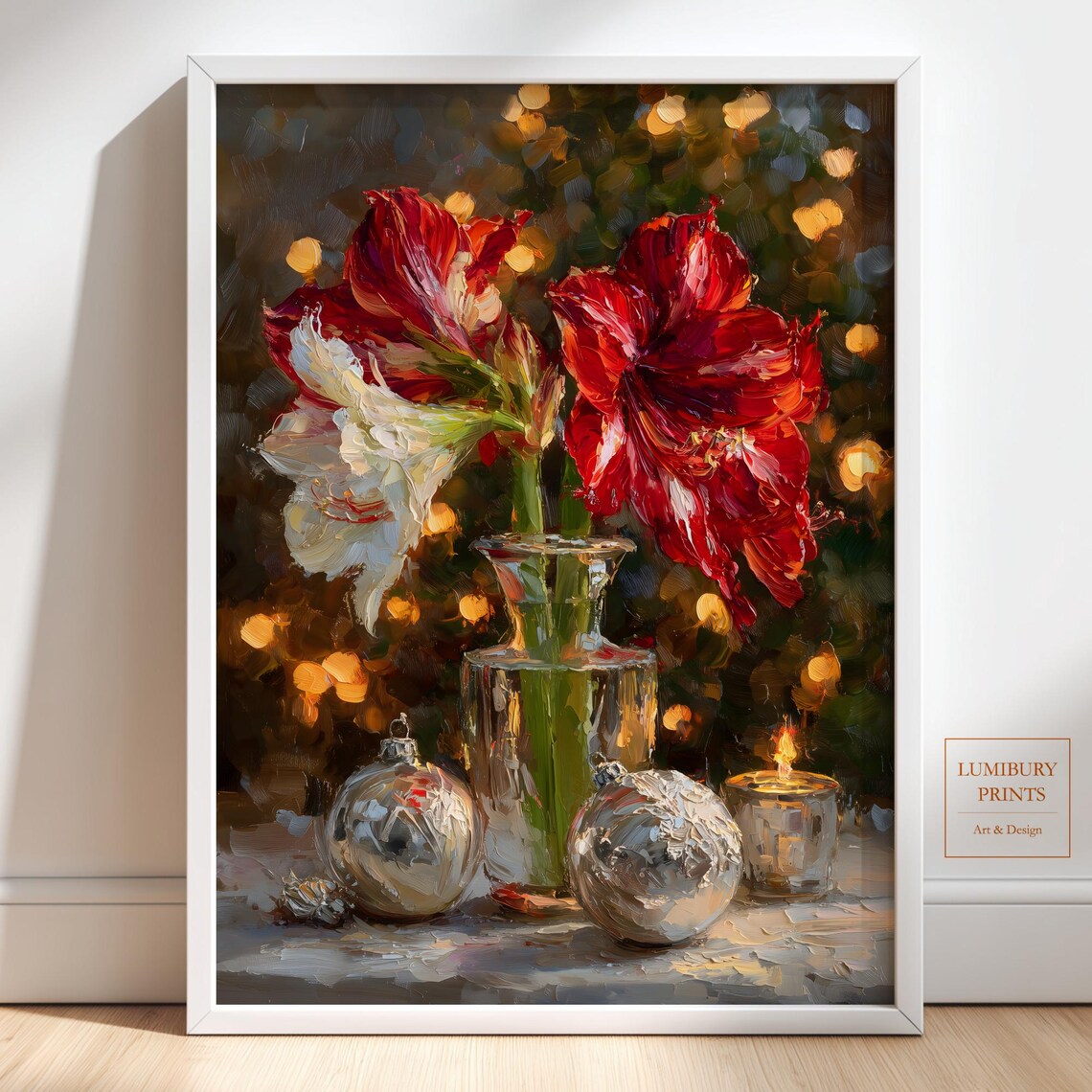 Christmas Amaryllis Silver Ornaments Holiday Still Life Botanical Print