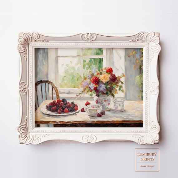 Berry Wall Art Blackberry Painting Botanical Kitchen Decor Rustic Flower Vintage Fruit Country