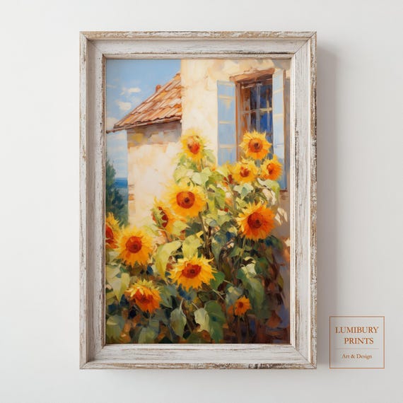 Sunflower Garden Wall Art Cottage Window Decor Vintage Botanical Print Blooming Summer Flowers Country Home Instant