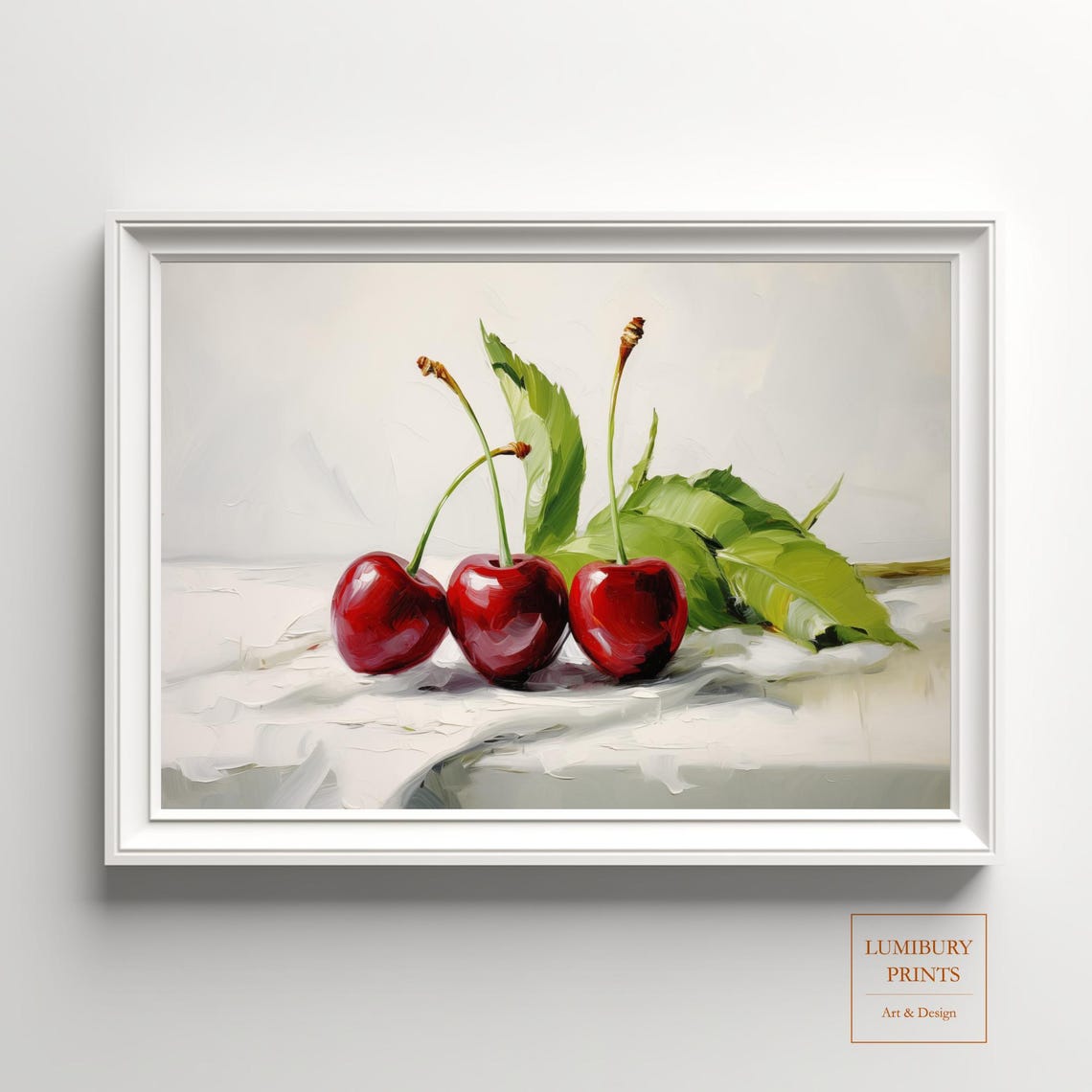 Three Red Cherries Oil Painting Summer Fruit Botanical Poster