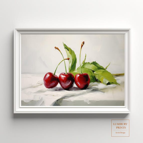 Cherry Wall Art Summer Fruit Botanical Print Rustic Kitchen Decor Vintage Painting