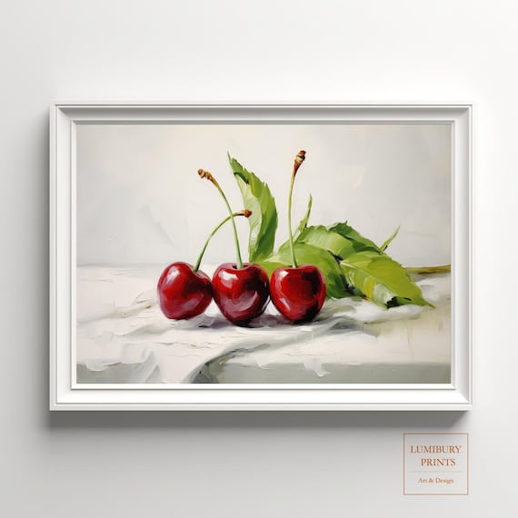 Three Red Cherries Oil Painting Summer Fruit Botanical Poster