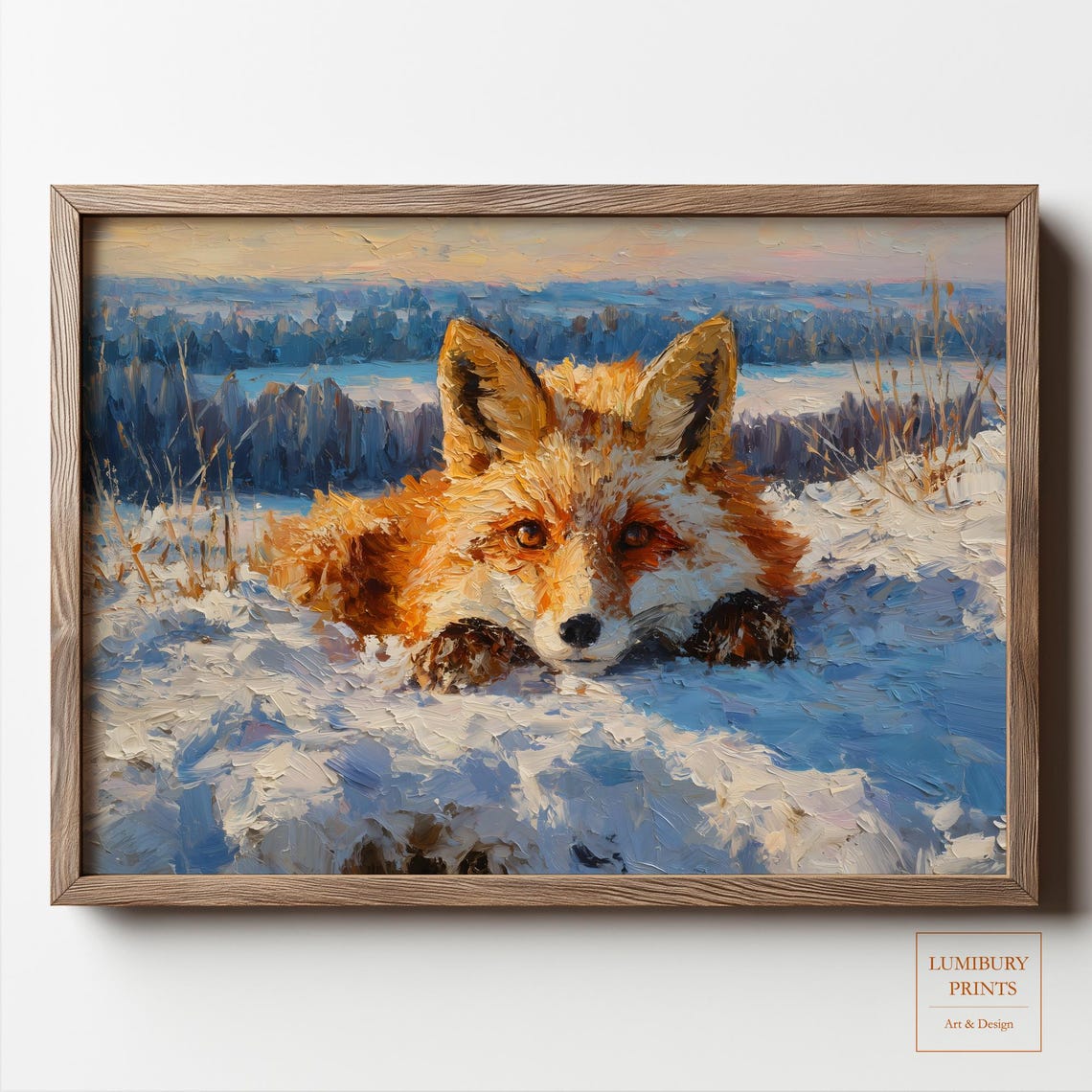 Winter Fox Wall Art Snow Painting Rustic Animal Decor Impasto