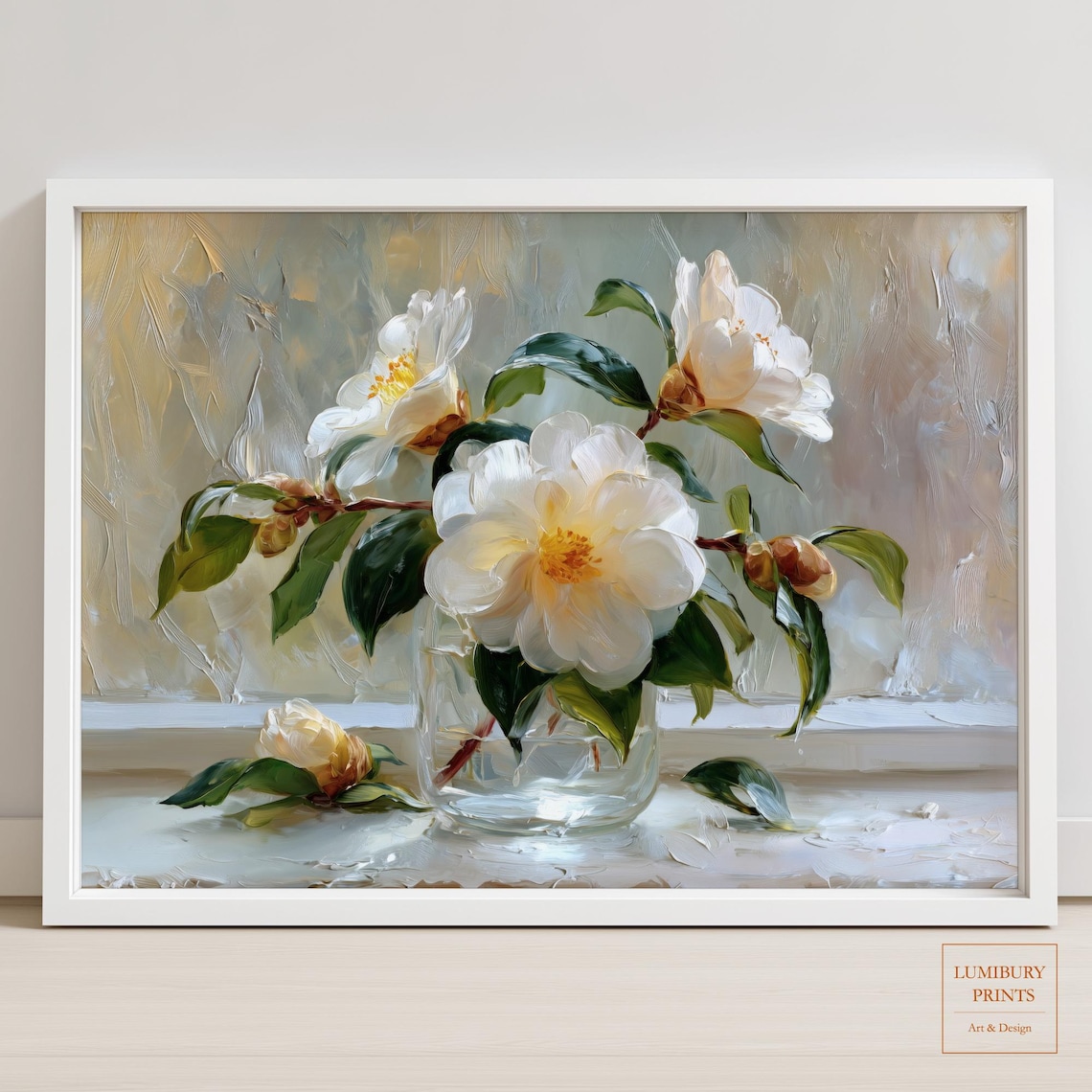 White Camellias on Bright Windowsill Impressionist Flower Painting Art Print