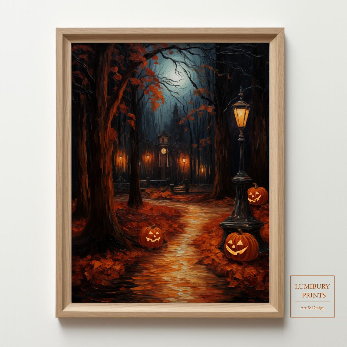 Halloween Moonlit Forest Path with Glowing Pumpkins and Lantern Poster