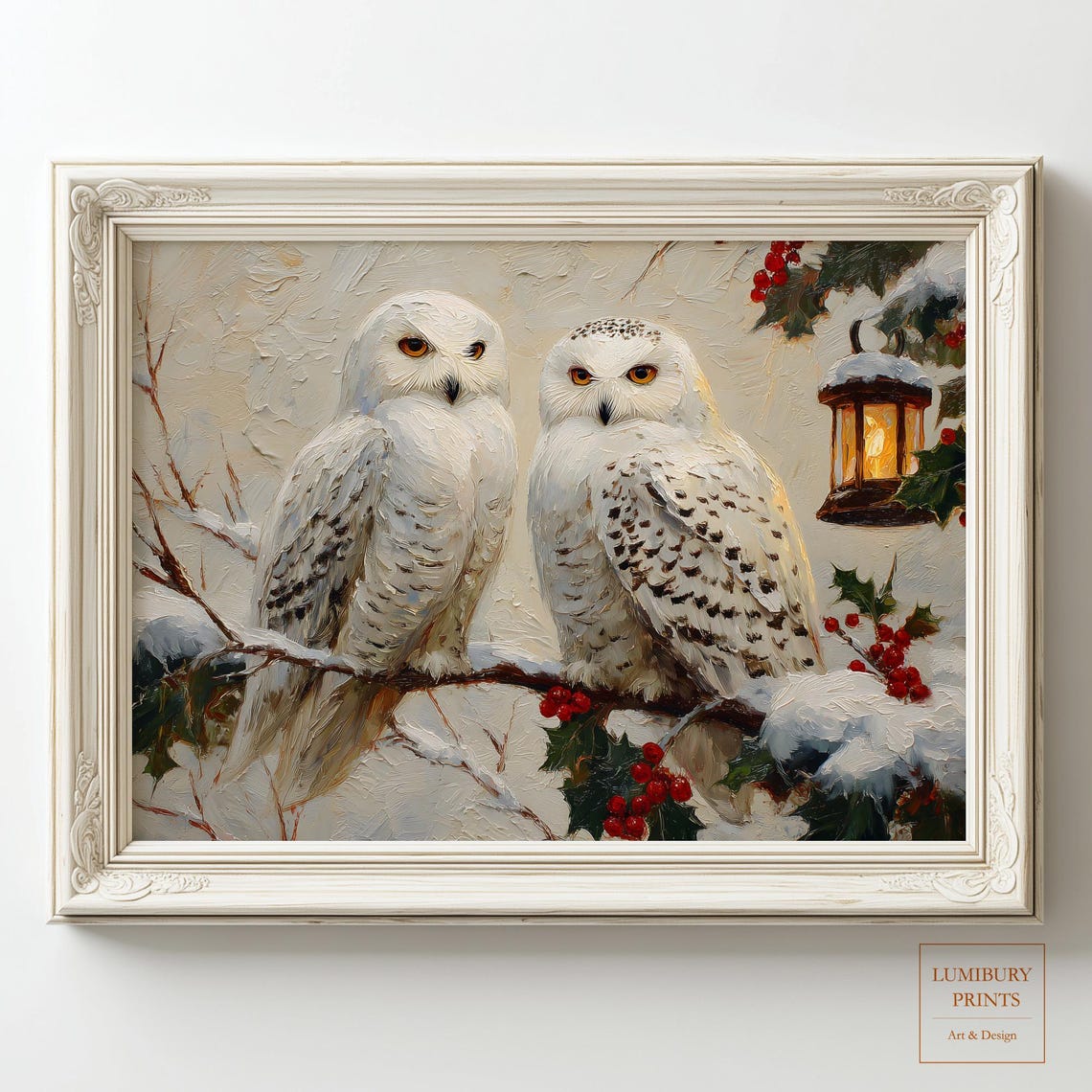 Two Snowy Owls Winter Branch Holly Lantern Christmas Art Poster