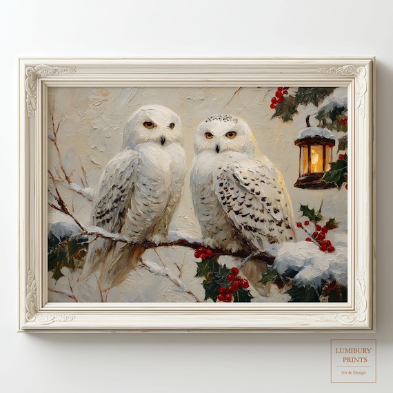 Two Snowy Owls Winter Branch Holly Lantern Christmas Art Poster