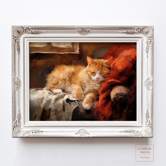 Fluffy Orange Cat Napping on Armchair Cozy Rust Plaid Poster