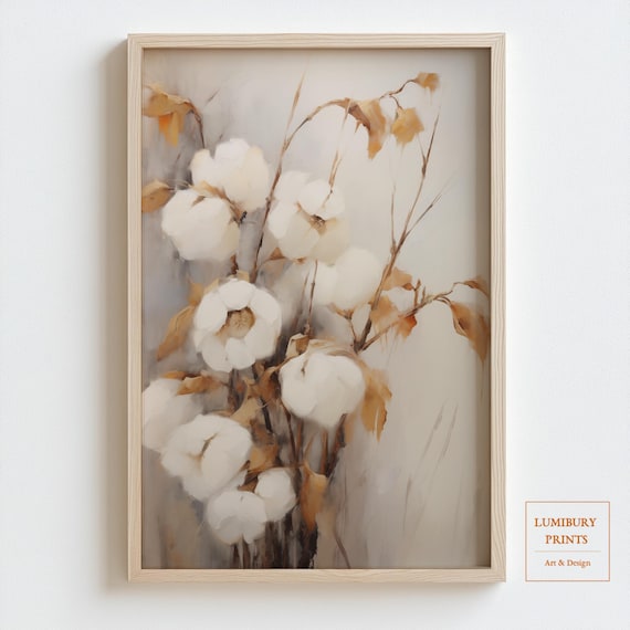 White Cotton Stems Soft Beige Botanical Healing Floral Art Poster