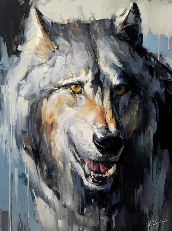 Grey Wolf Intense Golden Eyes Close Up Wildlife Painting Poster