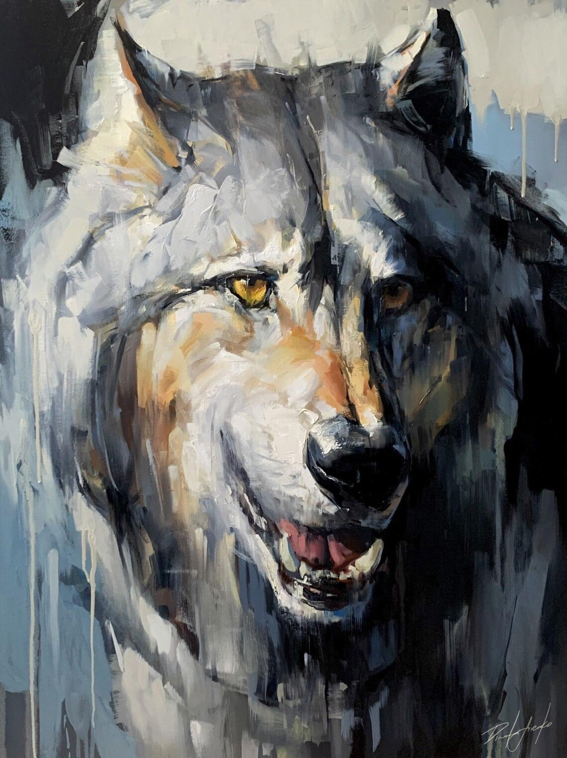 Grey Wolf Intense Golden Eyes Close Up Wildlife Painting Poster