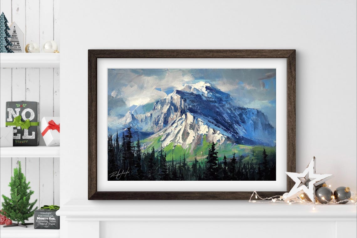 Snow Capped Mountain Peak Above Pine Forest Oil Painting Poster