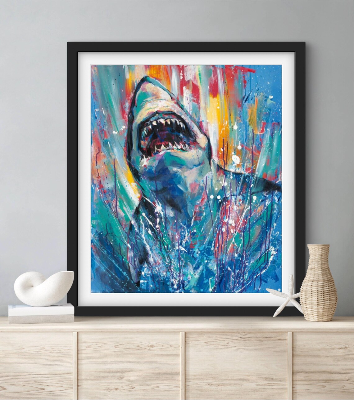 Shark Splash Art Print, Modern Coastal Wall Art