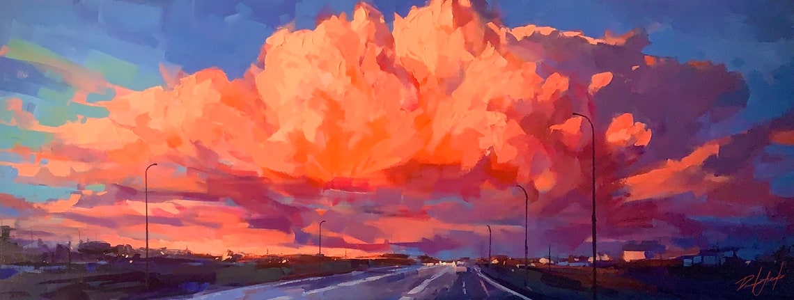 Dramatic Pink Sunset Clouds Over Highway Panoramic Landscape Poster