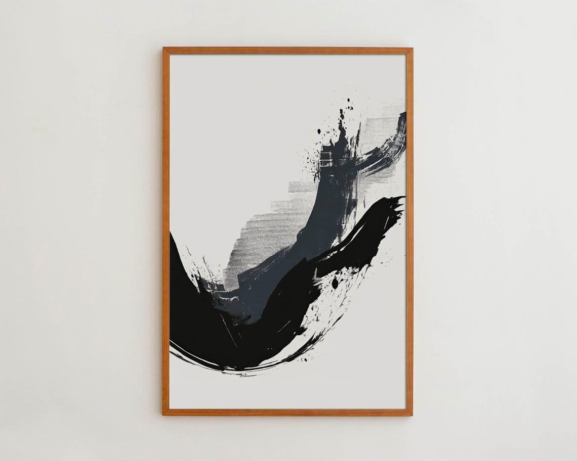 Black and White Japanese Ink Brush Wave Abstract Cream Canvas Poster