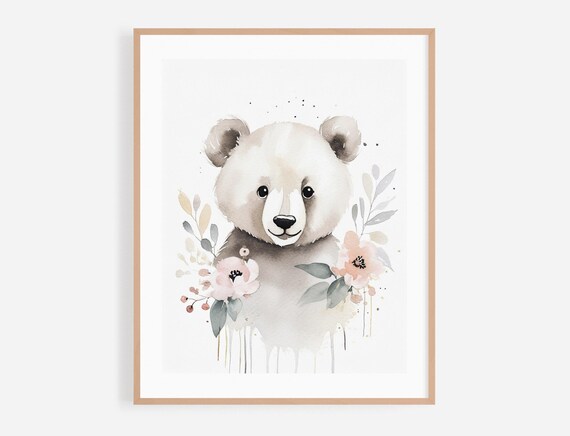 Sweet Baby Bear Watercolor Nursery Portrait With Pink Flowers Poster