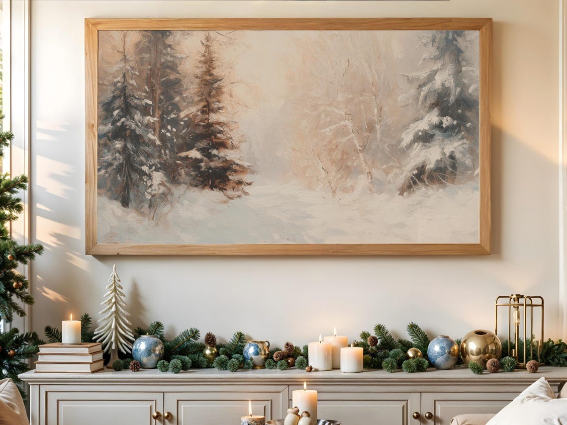 Snowy Winter Forest Misty Pine Trees Vintage Landscape Art Poster - Image 3