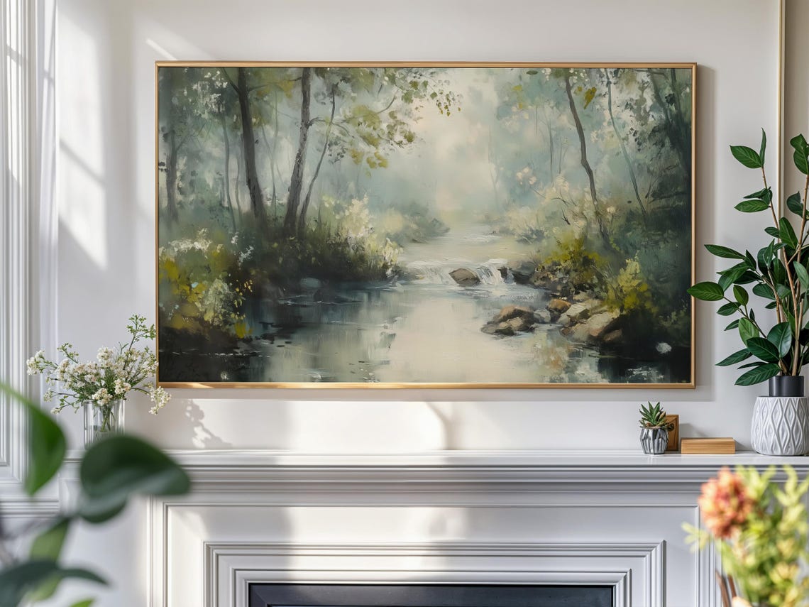 Soft Misty Spring Forest River Vintage Nature Painting Print - Image 4