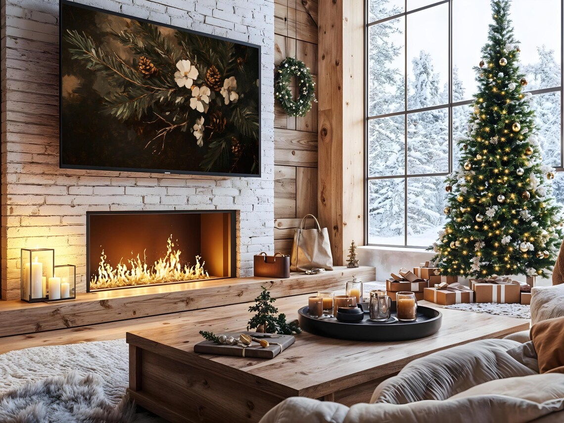 Winter Floral Frame TV Art, Vintage Christmas Print - Image 2