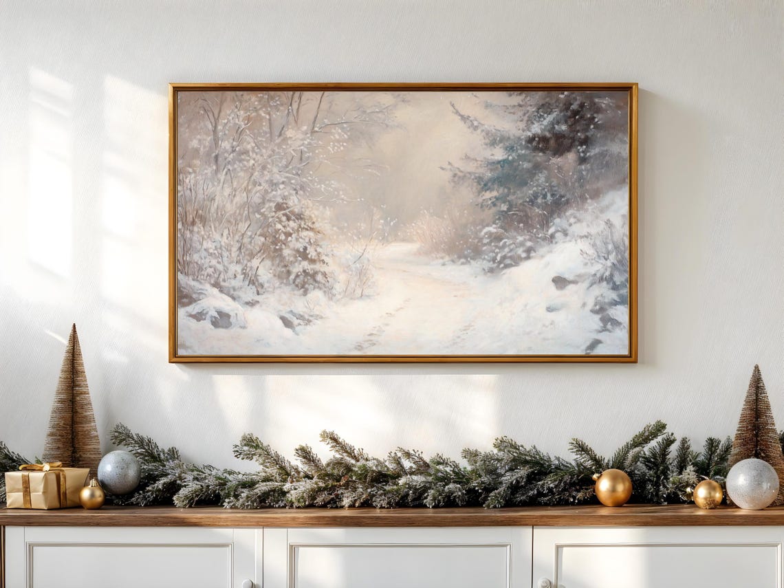 Snowy Winter Path Forest Neutral Vintage Christmas Landscape Poster