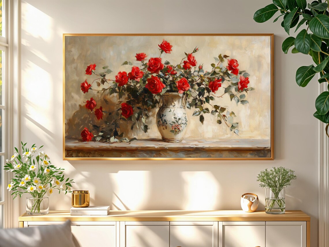 Red Roses White Ornate Vase Vintage Floral Still Life Art Poster - Image 2