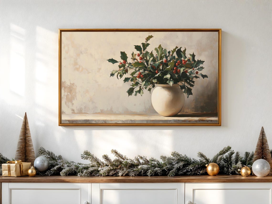 Holly Berries Cream Vase Vintage Christmas Botanical Still Life Poster