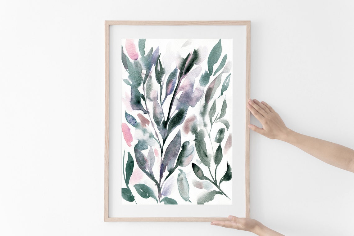 Sage Green Watercolor Botanical Leaves Soft Pink Nature Art Print