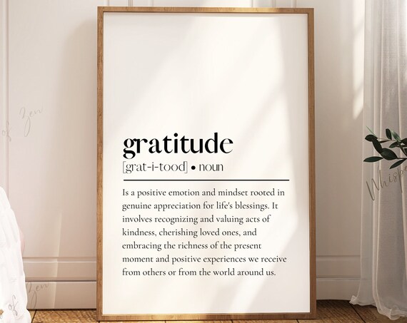 Gratitude Wall Art Poster Inspirational Quotes Positive Affirmations Definition Print Therapist