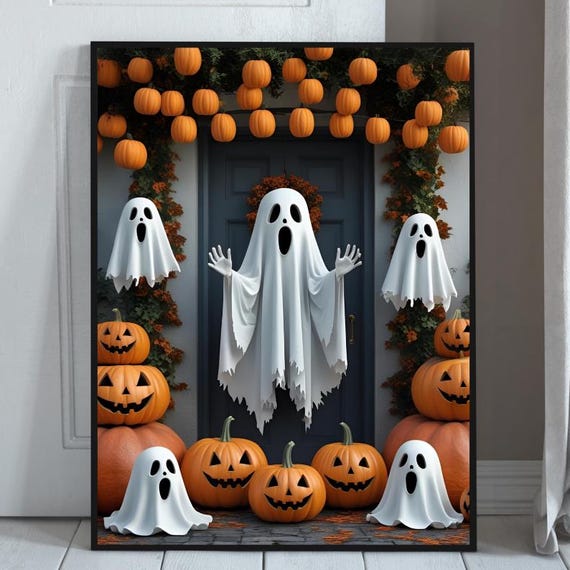 Cute Friendly Ghosts And Glowing Jack-O-Lanterns Halloween Porch Scene Poster